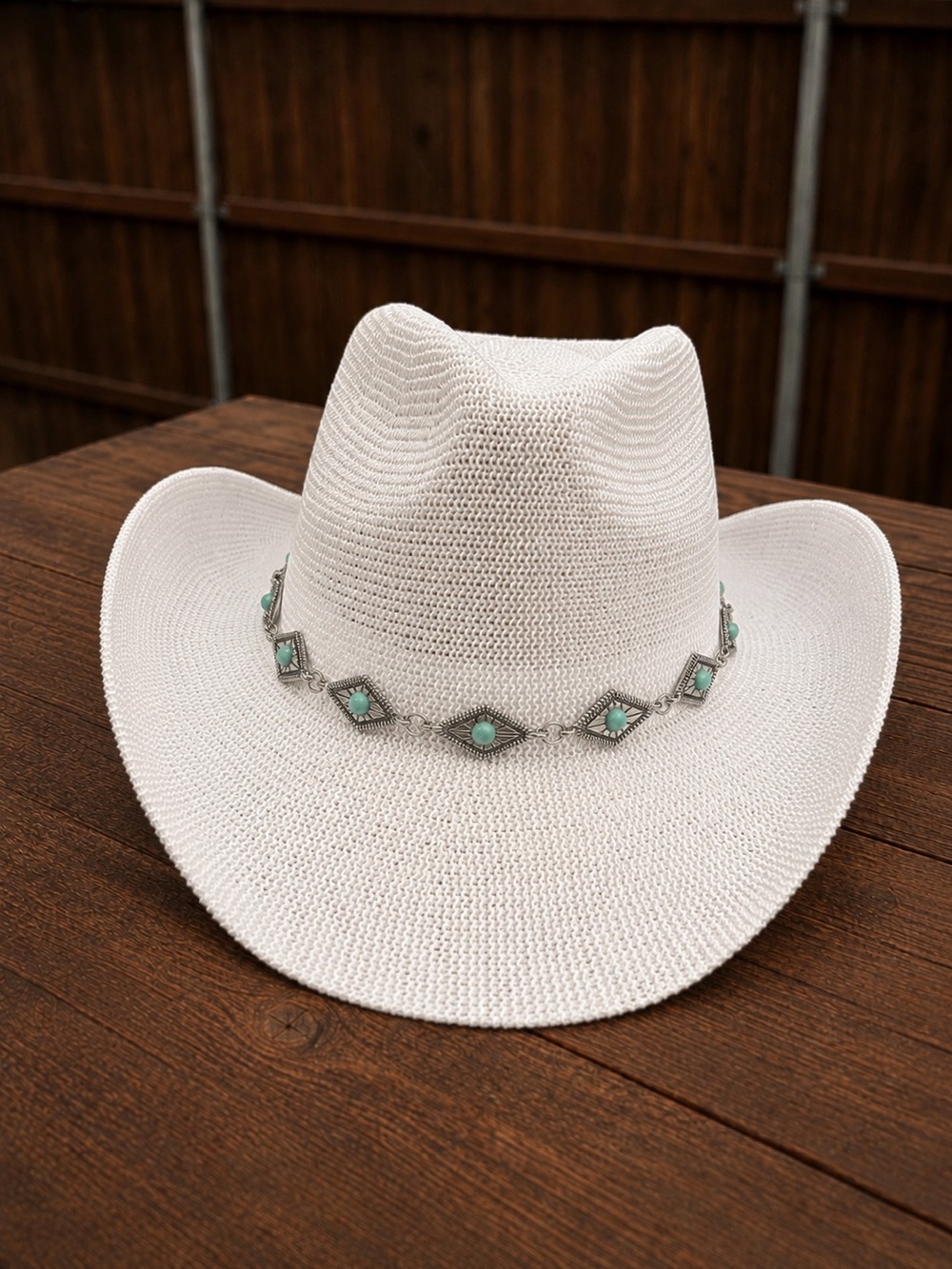C.C White Straw Cowboy Hat with Turquoise Accent Band